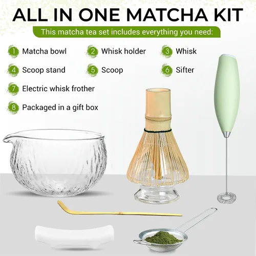 Vista 2 de Juego de batidor Matcha con cuenco Matcha - Juego de Matcha incluye espumador eléctrico, batidor de bambú, cuchara Matcha, soporte de bambú, blanco
