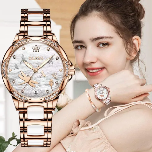 Vista 6 de OLEVS Relojes automáticos para mujer, mecánico, esfera de corazón, esfera de corazón, oro rosa, banda de cerámica, impermeable, luminoso, fecha