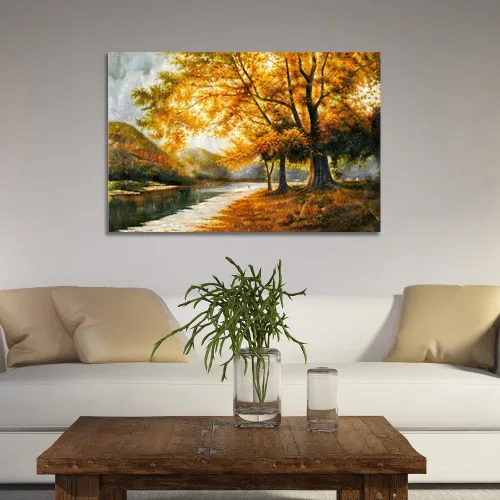 Vista 3 de Wieco Art Lienzo de giclée impresiones de arte de pared por pinturas al óleo, grandes árboles contemporáneos de otoño, imágenes para sala de estar