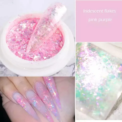 Vista 3 de 4 cajas de uñas en polvo holográfico con purpurina en polvo de ópalo cromado, escamas irregulares brillantes de sirena, lentejuelas rosa y morado
