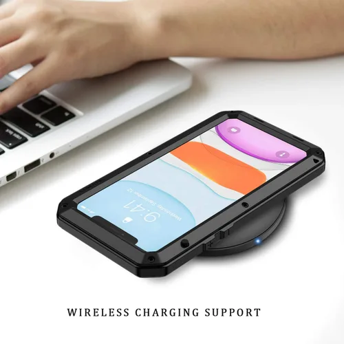 Vista 7 de Lanhiem Funda de metal para iPhone 11, resistente a los golpes, resistente a los golpes, con protector de pantalla de vidrio integrado, funda Negro