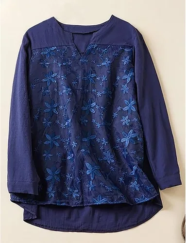 Vista 2 de Mayntop Blusa suelta de encaje de algodón y lino para mujer, manga larga, lisográfico