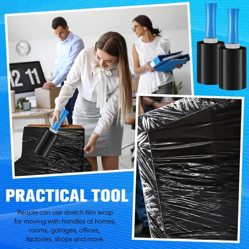 Vista 6 de Jutom 16 piezas de mini película elástica industrial, rollo retráctil de plástico para mover 2 asas de 5 pulgadas x 1000 pies, embalaje Negro