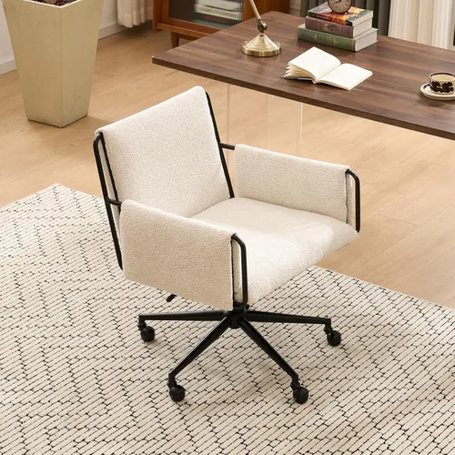 Vista 3 de Rowill Silla de oficina moderna, tela beige Boucle, altura ajustable, capacidad de 300 libras, ruedas, reposabrazos, perfecta para oficina en casa