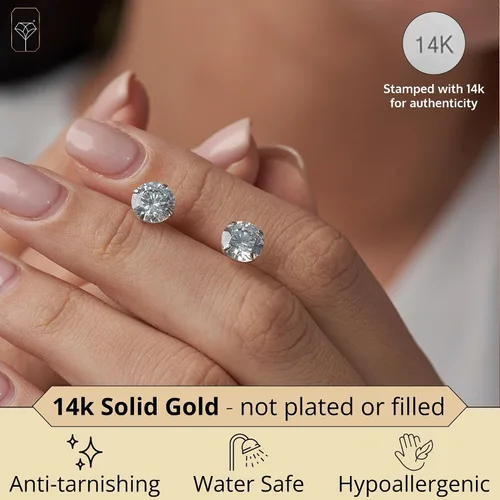 Vista 2 de Aretes solitarios redondos de circonita cúbica de oro de 14 quilates para mujeres y hombres Aretes de tuerca de circonita cúbica antideslustre