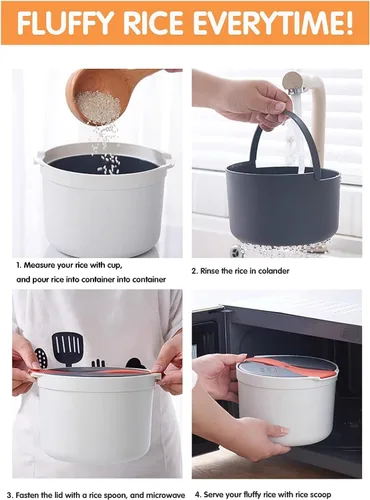 Vista 9 de Olla de arroz para microondas con vaporizador, olla para pasta para microondas con colador, juego de utensilios de cocina para microondas de 2 L