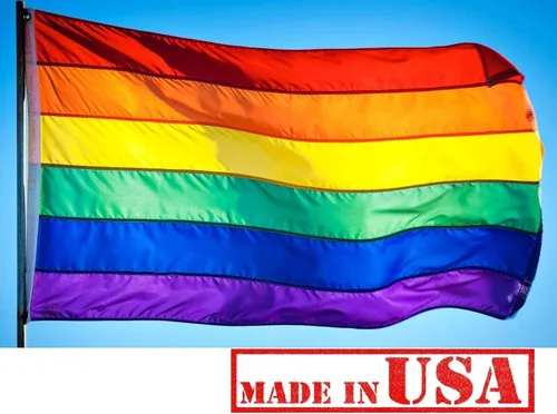 Vista 2 de US Flag Factory Bandera arcoíris de 2 x 3 pies (rayas cosidas) para exteriores SolarMax nailon – Orgullo gay lesbiana LGBT – Calidad premium