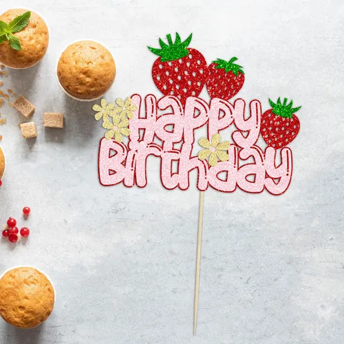 Vista 4 de 1 paquete de decoración de pastel de fresa con purpurina para temática de frutas, baby shower, fiesta de cumpleaños de niños, suministros