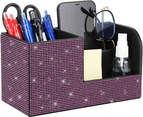 Vista 11 de Portalápices de escritorio con diamantes de imitación pegados, caja de almacenamiento de papelería, organizador multifuncional para bolígrafos