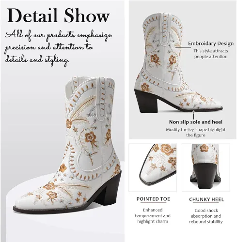 Vista 4 de Uacllcau Botas vaqueras bordadas para mujer botas vaqueras florales de tacón bajo y grueso botas occidentales para boda vestido de novia