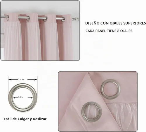 Vista 4 de naturetalk Cortinas opacas del 90% al 95% con transparente aplastado, juego de 2 paneles de cortina, ojales plateados antiguos, rosa bebé, 52