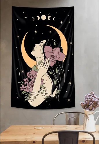 Vista 4 de Riyidecor Tapiz vertical de mujer misteriosa de fase lunar, bohemio, pequeño, gótico, para colgar en la pared, plantas florales, hojas estrelladas