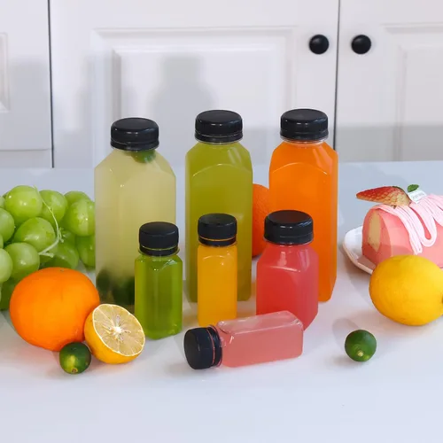 Vista 7 de Moretoes 6 botellas de 120 ml de plástico para jugo con tapas, botellas transparentes vacías reutilizables para shots de jengibre, recipientes