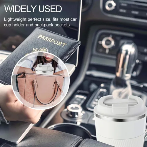 Vista 6 de GEMFUL Taza de viaje de café a prueba de fugas con tapa, 13 onzas, aislada al vacío, de acero inoxidable, vaso de café a prueba de derrames