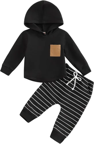 Vista 64 de Ropa de bebé niño 3 6 9 12 18 24M 3T Conjunto de pantalones con capucha patchwork sudadera con capucha pantalones de rayas traje de otoño invierno