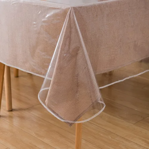 Vista 2 de Pioggia Mantel de vinilo transparente resistente con bordes cosidos, impermeable, a prueba de aceite, resistente a las manchas, protector de mesa