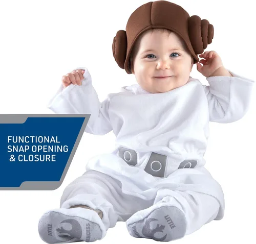 Vista 5 de STAR WARS - Disfraz de princesa Leia oficial de lujo para bebé, overol estampado premium con botines y gorra adjuntos