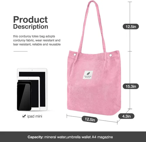 Vista 2 de Tote - Bolsa de hombro reutilizable de pana de gran capacidad con bolsillos interiores para mujeres y niñas