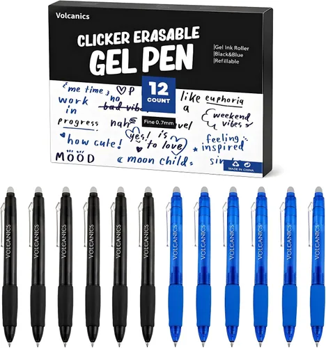 Vista 12 de Volcanics Retractable Erasable Gel Pens, Soft Black, 0.7mm, 12 Pack Negro