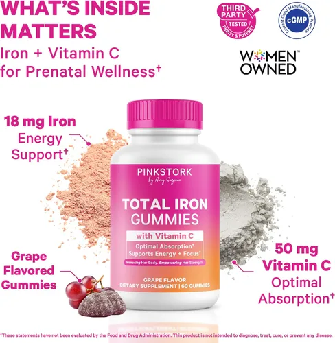 Vista 2 de Gomitas de suplemento prenatal de hierro para mujer, 20 mg, 60 unidades de Pink Stork Con vitamina C para absorción, sabor a uva, alivia