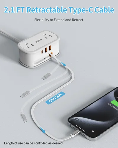 Vista 2 de BEVA Regleta de alimentación de viaje, regleta de enchufe plano con cable USB C retráctil, cable de extensión corto de 5 pies con 2 salidas de CA, 3