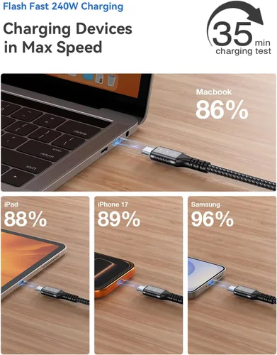Vista 5 de Cable USB C a USB C de 20 pies, carga rápida de 240 W, datos de 20 Gbps Cable USB C a USB C de 240 W y 20 pies (negro)