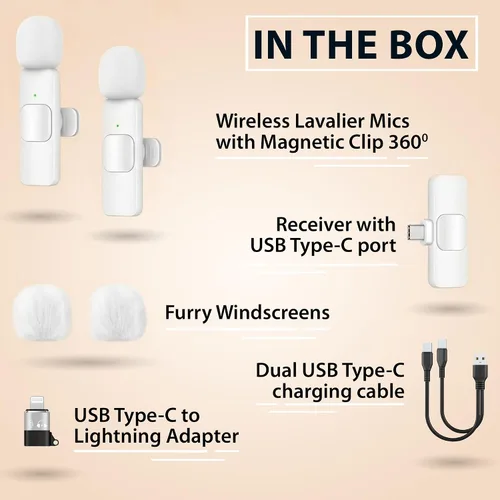 Vista 3 de PowerDeWise Micrófono Lavalier inalámbrico para iPhone y Android, paquete de 2 mini micrófonos blancos, micrófono de clip USB-C/Lightning