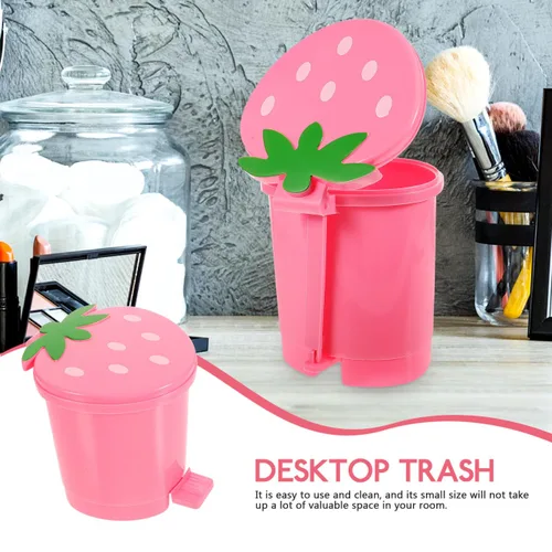 Vista 5 de Papelera de escritorio, contenedor de plástico rosa con tapa, tamaño mini para oficina en casa, decoración creativa