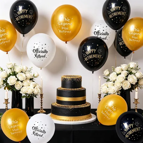 Vista 2 de SUNBEAUTY 18 globos de látex de jubilación con patrón de 12 pulgadas, globos de látex de jubilación en blanco y negro para hombres y mujeres Globos