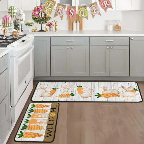 Vista 8 de Juego de 2 alfombras y tapetes de cocina de conejo de zanahoria y conejo, decoración de Pascua antideslizante, decoración de Pascua para el hogar