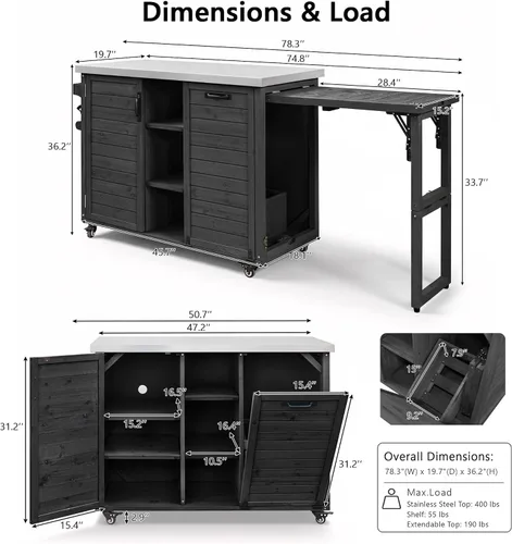 Vista 3 de JIVOIT Isla de cocina al aire libre de 78.3 pulgadas con mesa plegable, carrito de madera para exteriores con almacenamiento de basura y parte