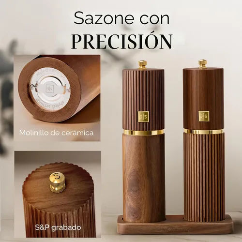 Vista 4 de Juego de molinillo de sal y pimienta de madera, molinillos manuales recargables de sal y pimienta con rebabas de cerámica ajustables, detalles