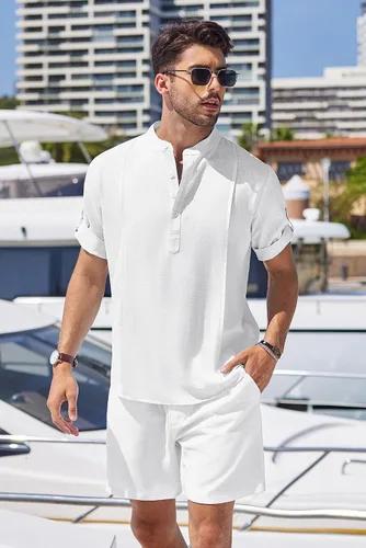 Vista 2 de COOFANDY Conjunto de lino de 2 piezas para hombre, camisa Henley, manga corta y pantalones cortos, trajes a juego para yoga y playa