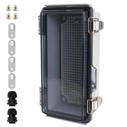 Vista 21 de MAKERELE Caja eléctrica impermeable pequeña al aire libre IP67 ABS caja de plástico con placa de montaje, cubierta gris con bisagras, soporte