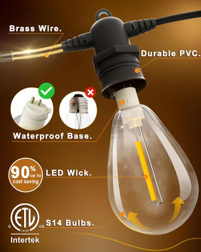 Vista 3 de Guirnalda de luces LED para exteriores de 30 pies con 10+1 bombillas Edison inastillables IP65, impermeables, regulables de 2700 K, luces de patio