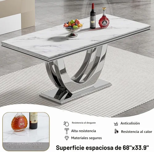 Vista 2 de Mesa de comedor blanca de 68 pulgadas para 4-6, mesa de cocina rectangular moderna con mesa de mármol sintético y base de acero inoxidable plateado