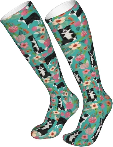 Vista 2 de AOTOSE Border Collie Florals - Calcetines de compresión para mujeres y hombres, 10-20 mmhg, tubo de viaje, medias altas hasta el muslo, medias altas