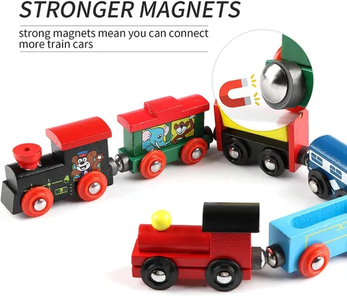 Vista 3 de Wondertoys Juego de 12 trenes magnéticos de madera, incluye 3 motores y bolsa de almacenamiento, juego de tren de madera para niños pequeños