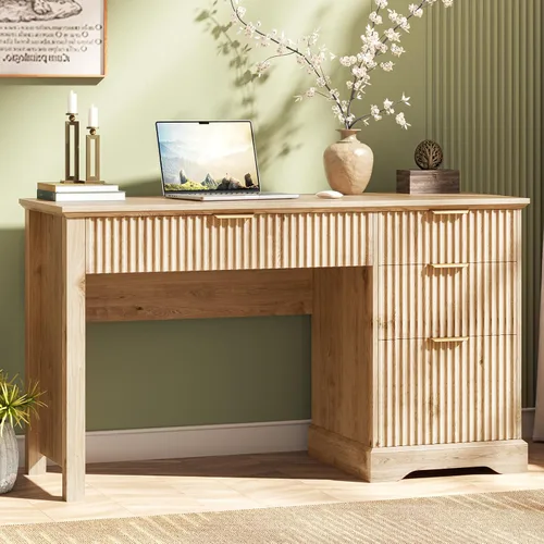 Vista 10 de Vabches Escritorio ejecutivo acanalado con cajones, escritorio de madera para computadora con amplio cajón de archivos, escritorio de oficina
