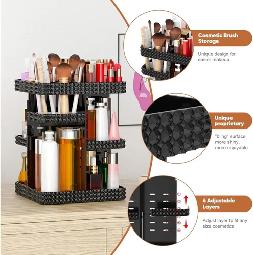 Vista 4 de Organizador de maquillaje giratorio de 360º – Almacenamiento de maquillaje acrílico negro para tocador, organizador de cosméticos con loción