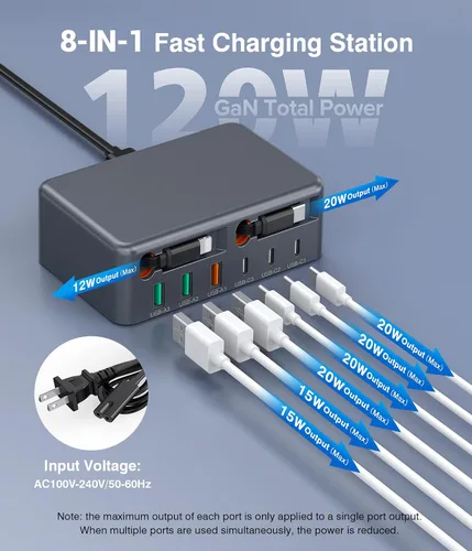 Vista 4 de Bloque de cargador USB C retráctil 8 en 1, concentrador de estación de carga múltiple GaN de 120 W con cable de iluminación y tipo C, enchufe