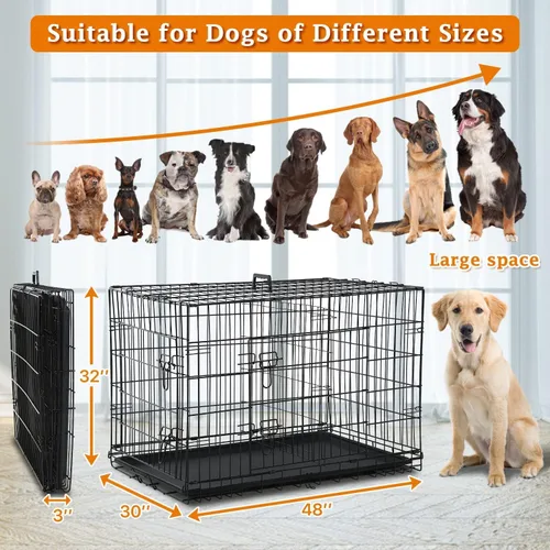 Vista 2 de Jaula para perros extra grande de 48 pulgadas, diseño de doble puerta a prueba de fugas con panel divisor, plegable con bandeja extraíble, uso
