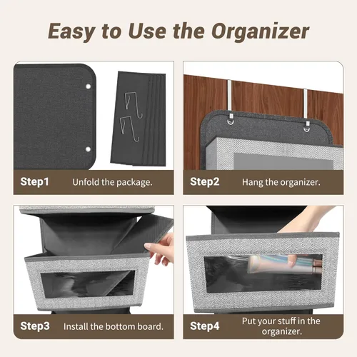 Vista 6 de Organizador estrecho sobre la puerta, 5 bolsillos grandes, almacenamiento de tela, 12 pulgadas de ancho With Metal Hooks, Clear Window for quick