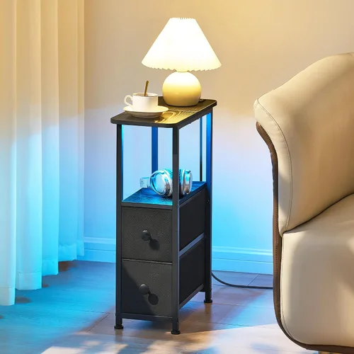 Vista 2 de DALEMHOME Mesa auxiliar estrecha con estación de carga, mesa auxiliar estrecha con cajón, mesita de noche pequeña con luz LED, mesita de noche Negro