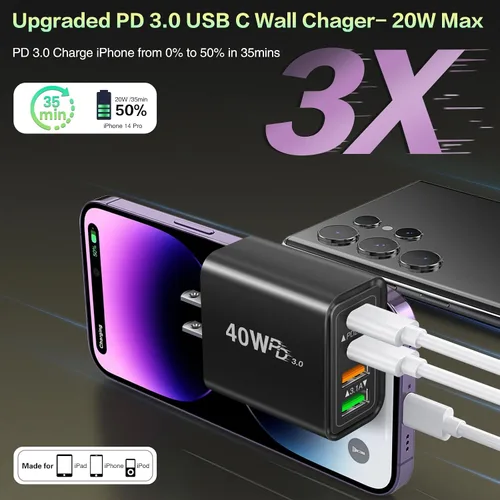 Vista 3 de Bloque de cargador USB C, cargador de pared USB C de 40 W, 4 puertos, paquete de 2 bloques de carga rápida, adaptador de corriente PD de doble