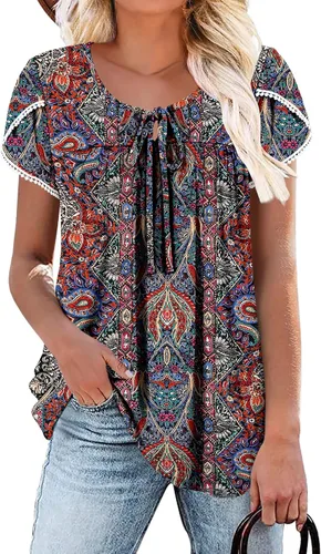 Vista 14 de BETTE BOUTIK Blusas de verano para mujer, plisadas, de manga corta, con cordón, cuello redondo, tallas S-3XL
