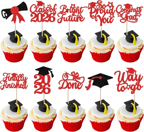 Vista 67 de 30 piezas de decoración para cupcakes de graduación para la clase de 2026 con purpurina brillante para el futuro diploma hecho 2026 Felicidades