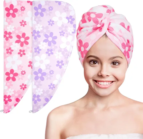Vista 19 de Basumee Toalla Envolvente de Microfibra para el Cabello para Niños Paquete de 2 Toallas de Cabello de Secado Rápido con Botón Turbantes para Cabello