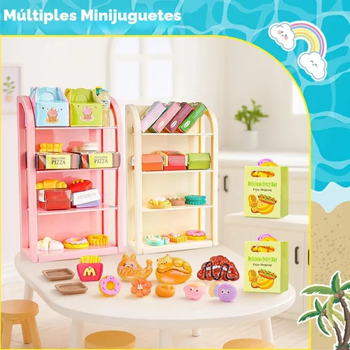 Vista 7 de 196 piezas Mini carrito de compras carrito carrito de comestibles modelo de juego botella de bebida en miniatura comida pizza con caja Supermercado