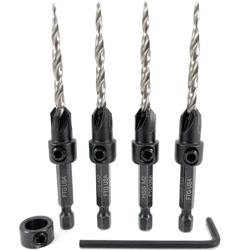 Vista 17 de FTG USA Juego de 3 brocas avellanadoras ajustables para madera #4 (7/64 pulgadas) con broca cónica para carpintería